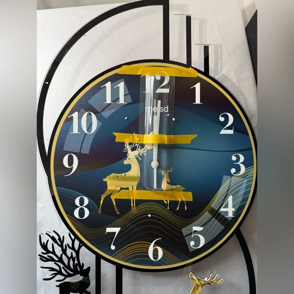 Gold & Blue Pendulums Wall Clock W/Rustic Deer Accents 29 in x 15 in- NIB